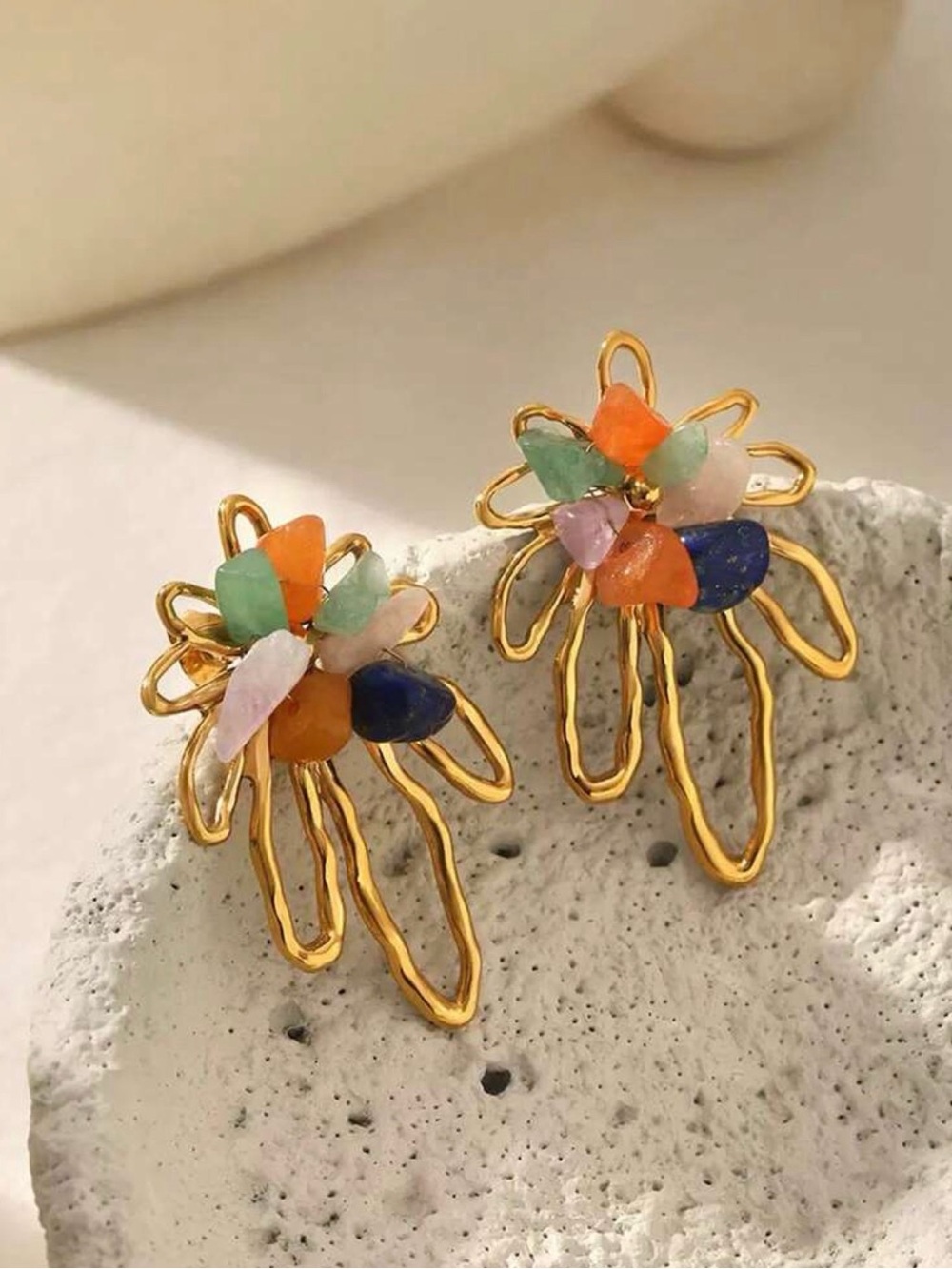 Gold Floral Loop Earrings with Multicolor Stone Chips - Picture 3 of 6